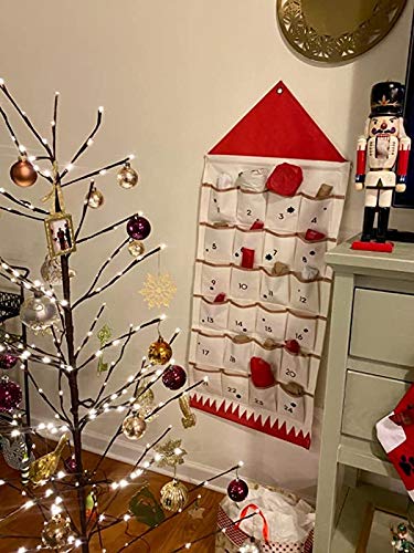 Christmas Advent Calendar with Pockets Wall Hanging Bag for Home Xmas Countdown Decoration (Red)